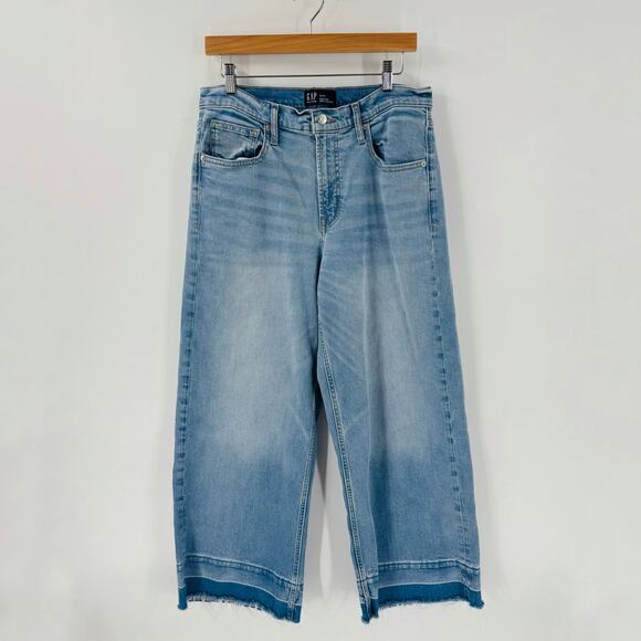 GAP High Rise Wide Leg Crop Jeans Light Wash Raw Hem Denim Size 12R - Picture 9 of 9